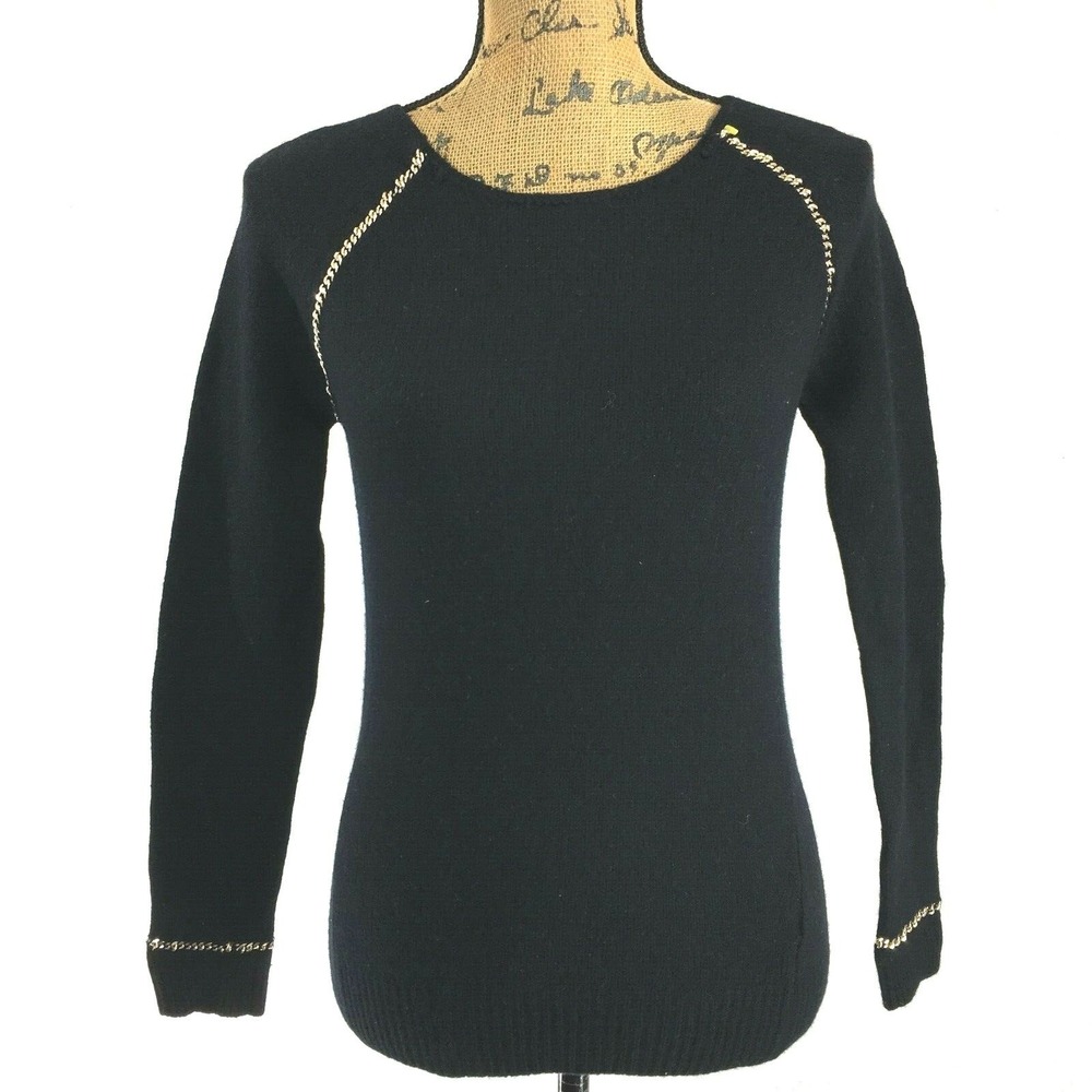 Massimo Dutti Sweater Soft Wool Cashmere Black Sm Gold Chain Link Detail Long Sl